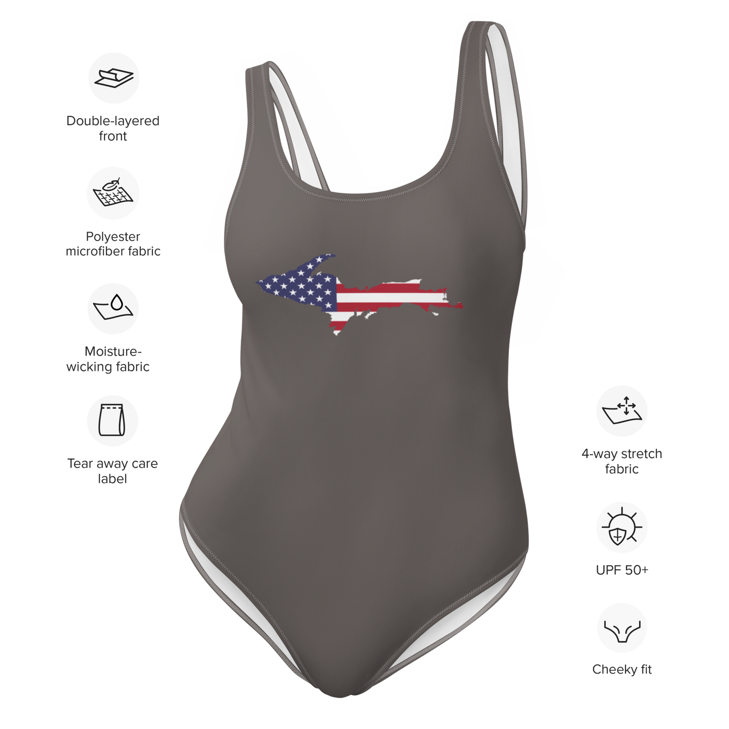 Michigan Upper Peninsula One-Piece Swimsuit (w/ UP USA Flag) | Warren Tank Grey