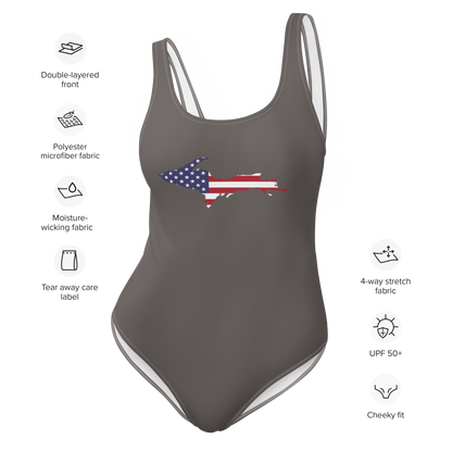 Michigan Upper Peninsula One-Piece Swimsuit (w/ UP USA Flag) | Warren Tank Grey