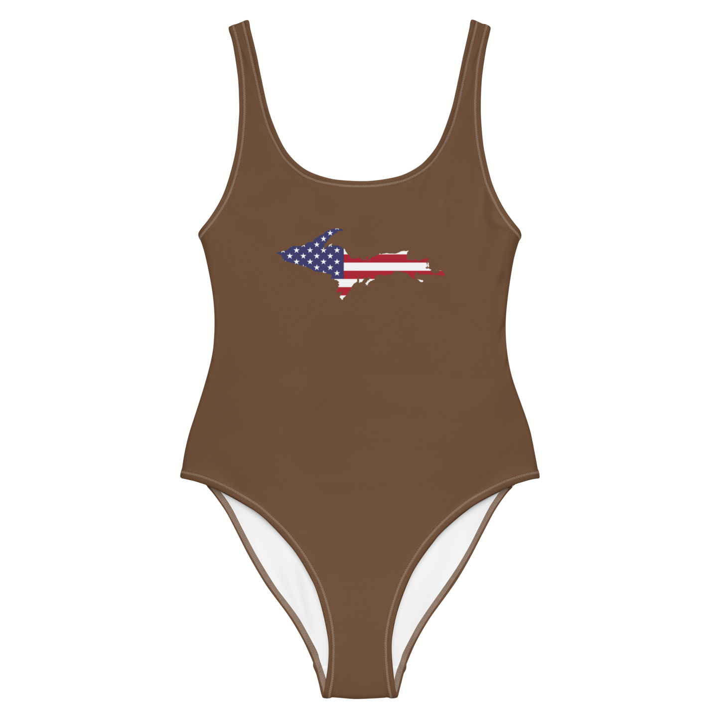 Michigan Upper Peninsula One-Piece Swimsuit (w/ UP USA Flag) | Coffee Color