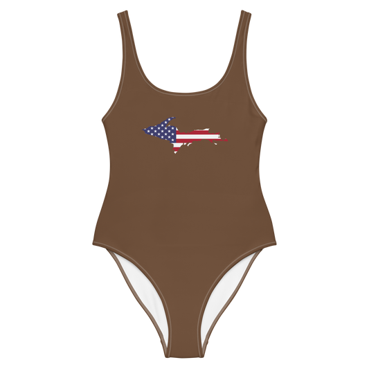 Michigan Upper Peninsula One-Piece Swimsuit (w/ UP USA Flag) | Coffee Color