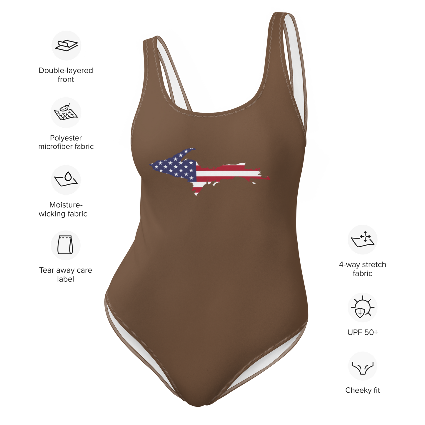 Michigan Upper Peninsula One-Piece Swimsuit (w/ UP USA Flag) | Coffee Color