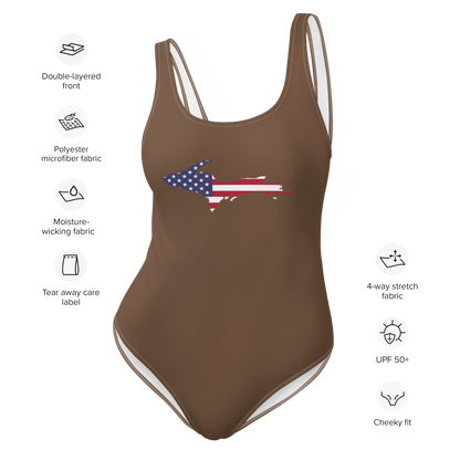 Michigan Upper Peninsula One-Piece Swimsuit (w/ UP USA Flag) | Coffee Color