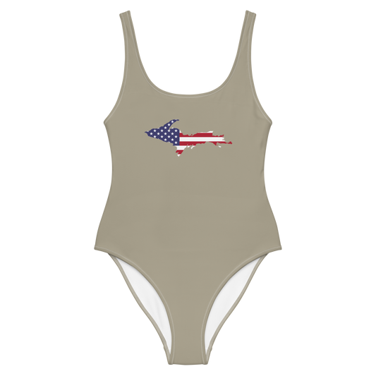 Michigan Upper Peninsula One-Piece Swimsuit (w/ UP USA Flag) | Petoskey Stone Beige