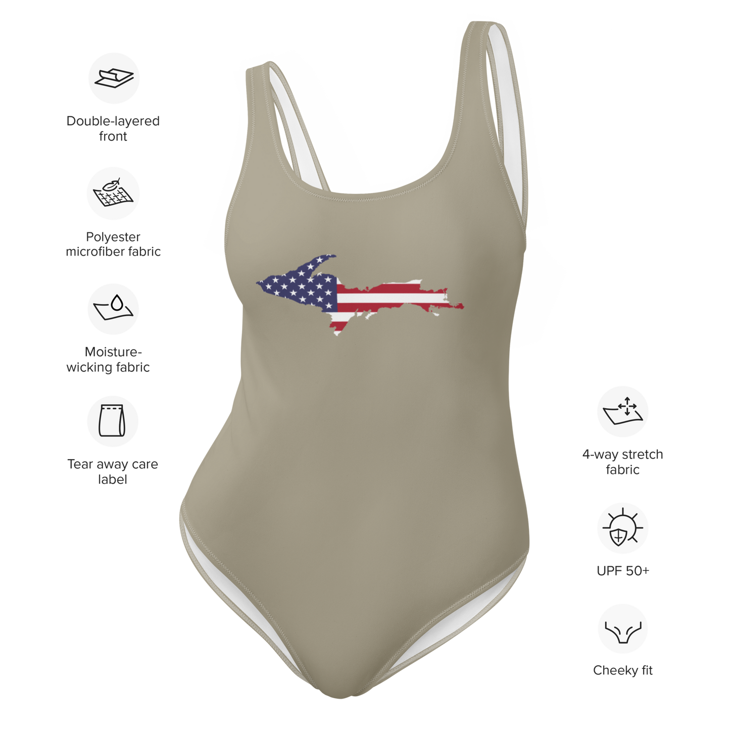 Michigan Upper Peninsula One-Piece Swimsuit (w/ UP USA Flag) | Petoskey Stone Beige