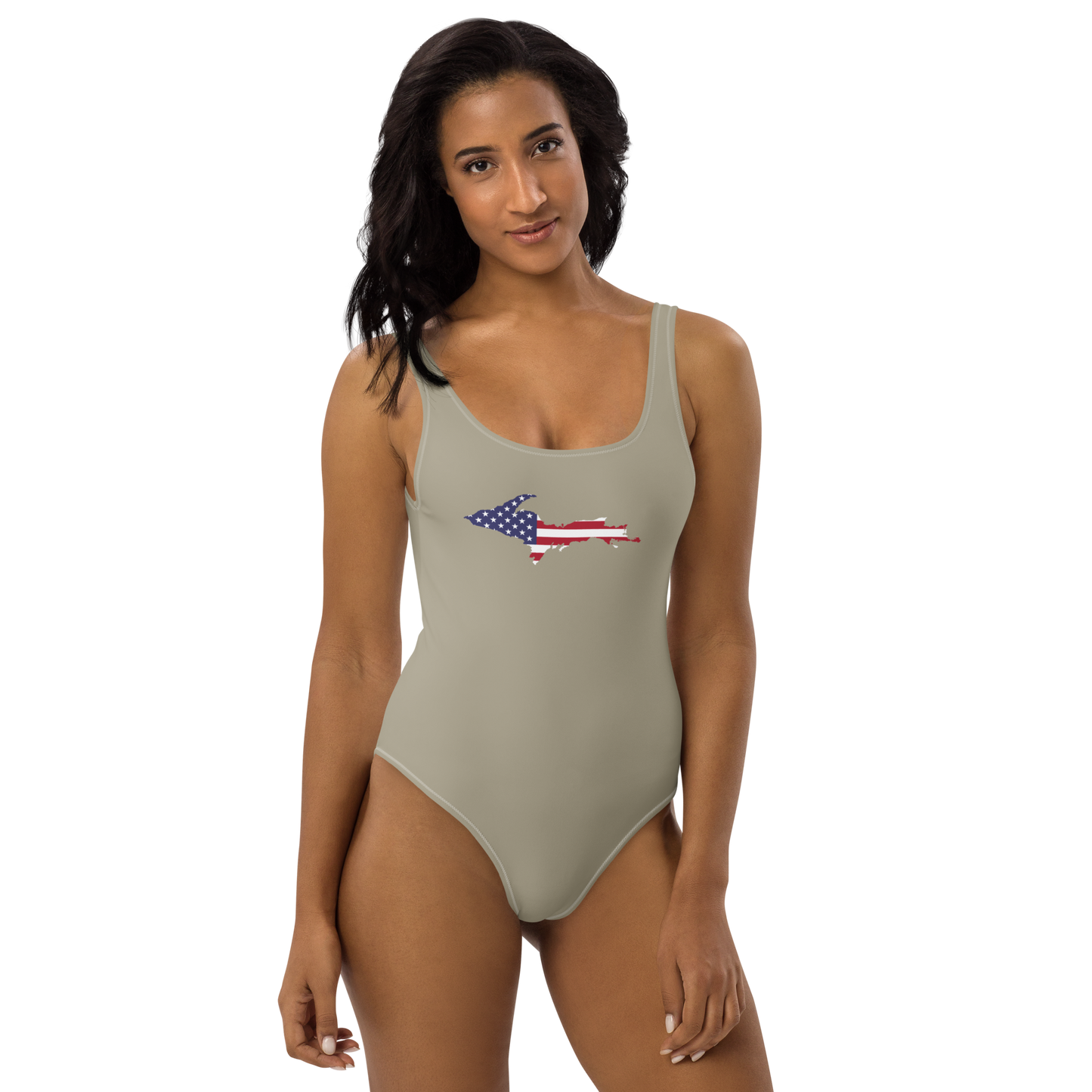 Michigan Upper Peninsula One-Piece Swimsuit (w/ UP USA Flag) | Petoskey Stone Beige