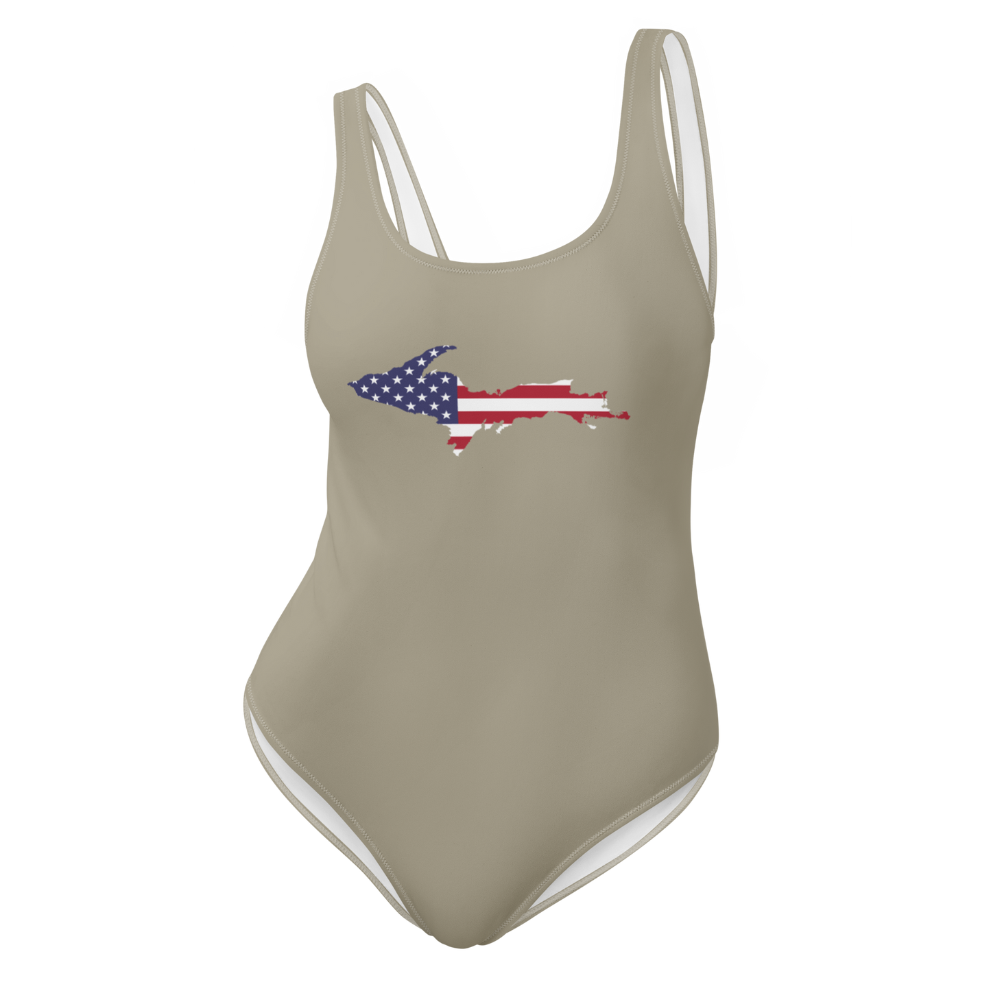 Michigan Upper Peninsula One-Piece Swimsuit (w/ UP USA Flag) | Petoskey Stone Beige