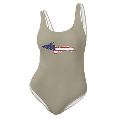 Michigan Upper Peninsula One-Piece Swimsuit (w/ UP USA Flag) | Petoskey Stone Beige