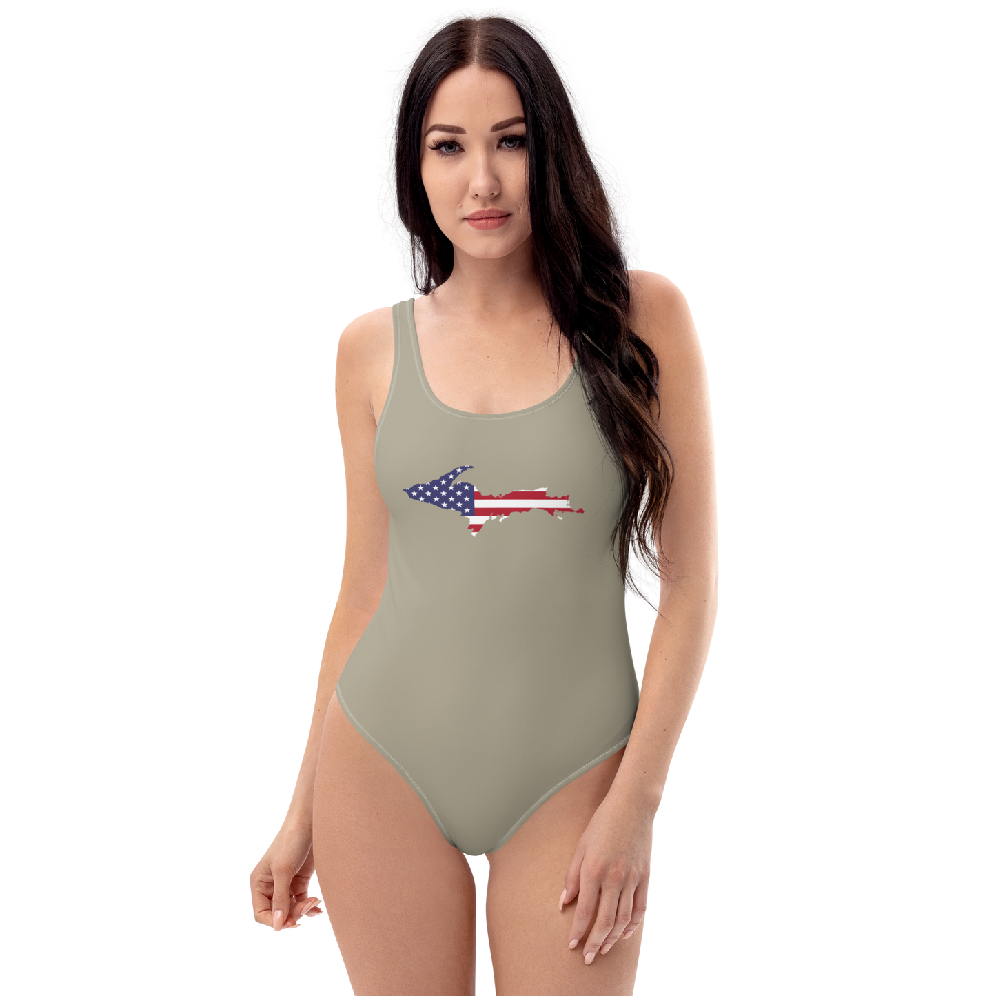 Michigan Upper Peninsula One-Piece Swimsuit (w/ UP USA Flag) | Petoskey Stone Beige