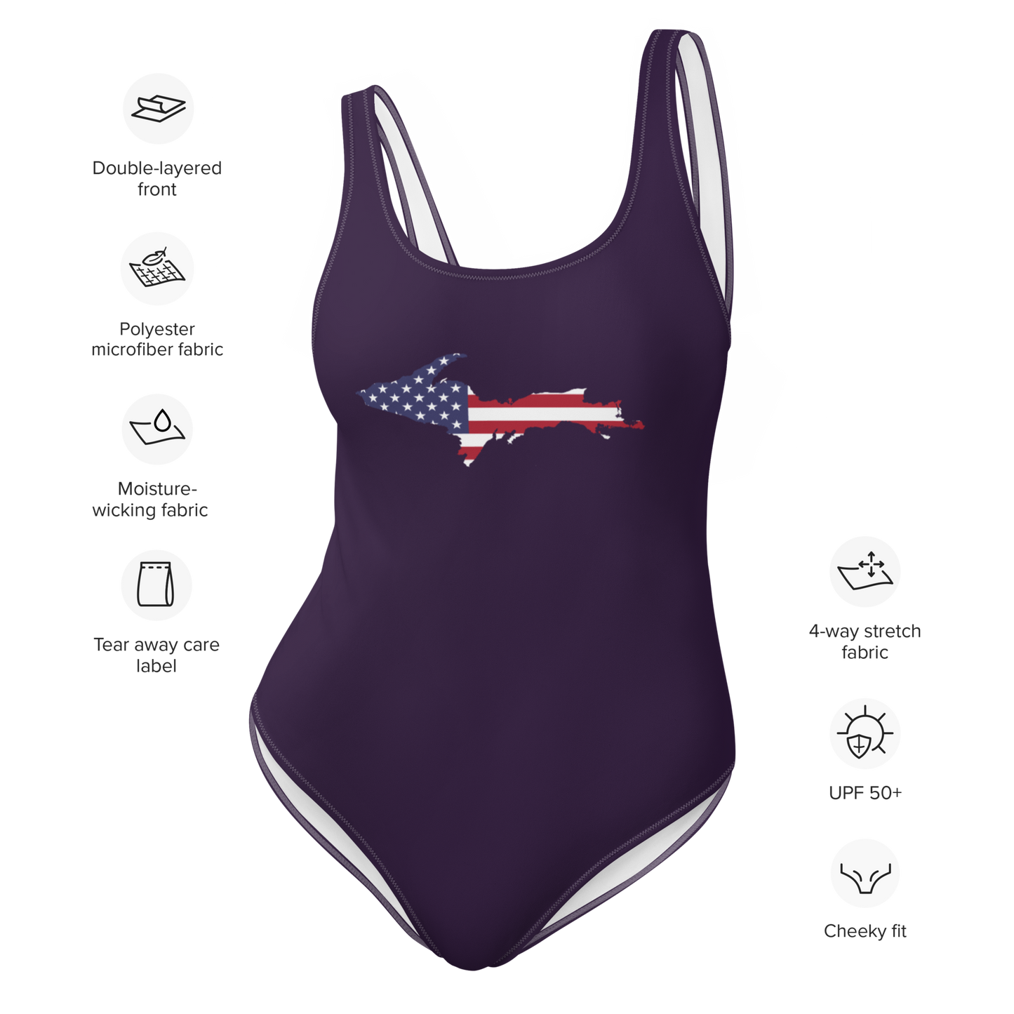 Michigan Upper Peninsula One-Piece Swimsuit (w/ UP USA Flag) | Blackcurrant