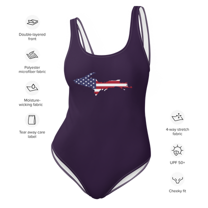 Michigan Upper Peninsula One-Piece Swimsuit (w/ UP USA Flag) | Blackcurrant