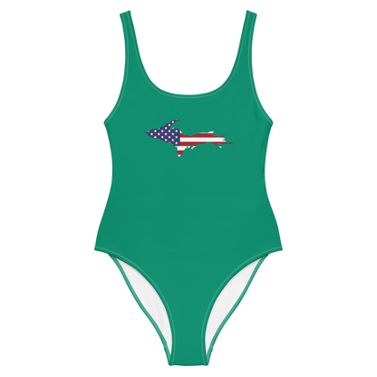 Michigan Upper Peninsula One-Piece Swimsuit (w/ UP USA Flag) | Emerald Green