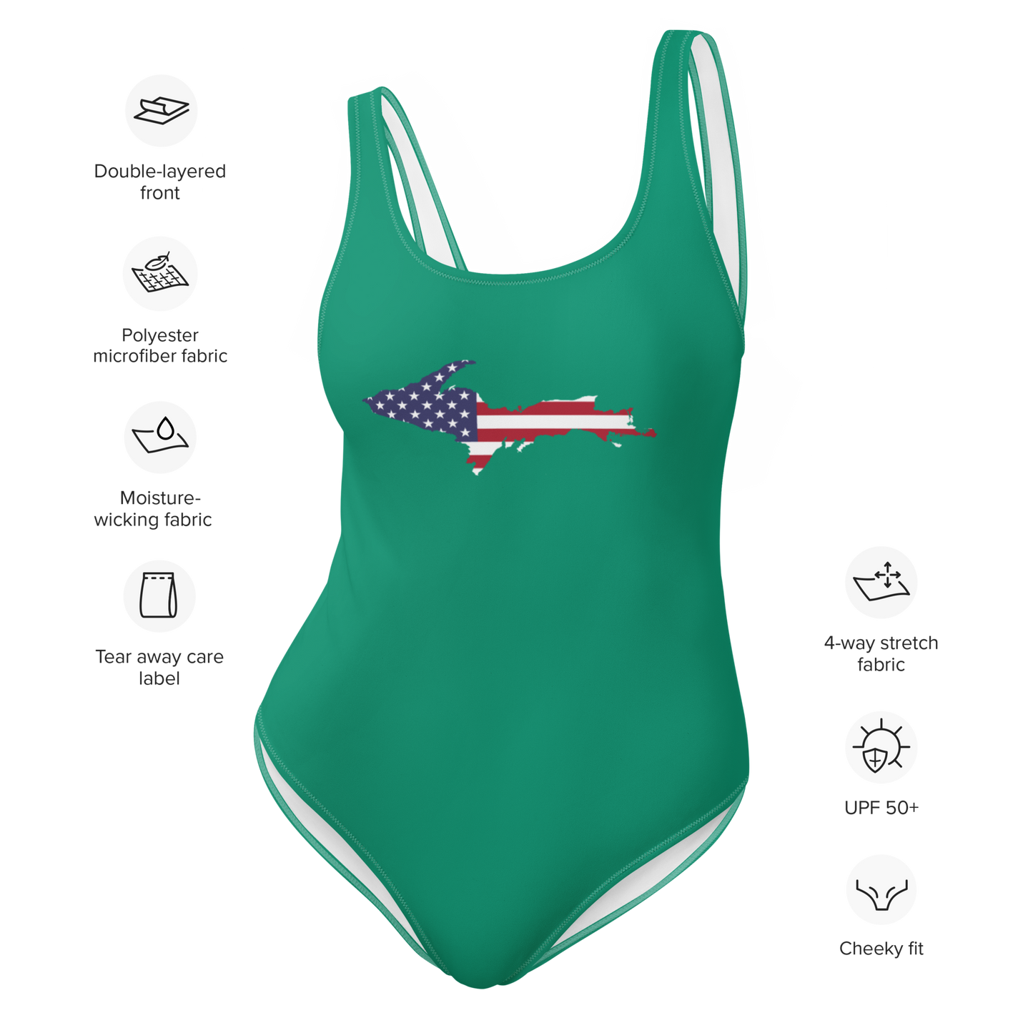 Michigan Upper Peninsula One-Piece Swimsuit (w/ UP USA Flag) | Emerald Green