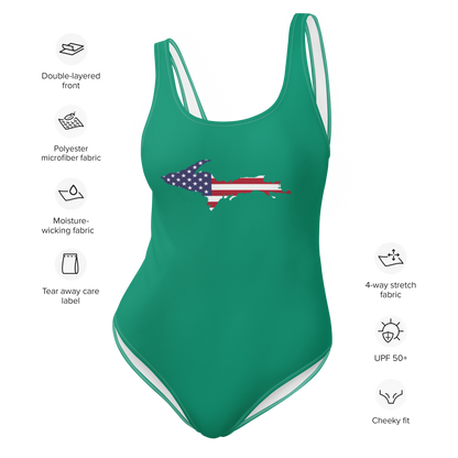 Michigan Upper Peninsula One-Piece Swimsuit (w/ UP USA Flag) | Emerald Green