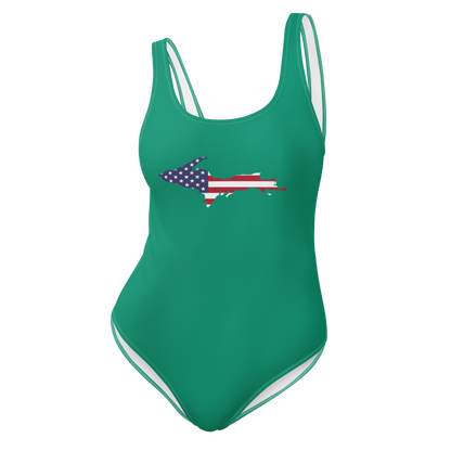 Michigan Upper Peninsula One-Piece Swimsuit (w/ UP USA Flag) | Emerald Green