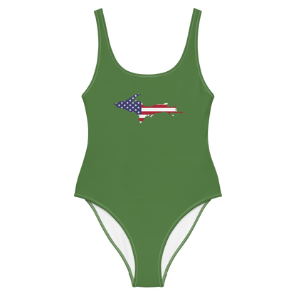 Michigan Upper Peninsula One-Piece Swimsuit (w/ UP USA Flag) | Pine Green