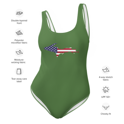 Michigan Upper Peninsula One-Piece Swimsuit (w/ UP USA Flag) | Pine Green