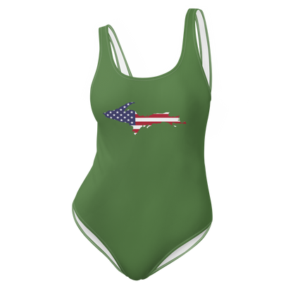 Michigan Upper Peninsula One-Piece Swimsuit (w/ UP USA Flag) | Pine Green