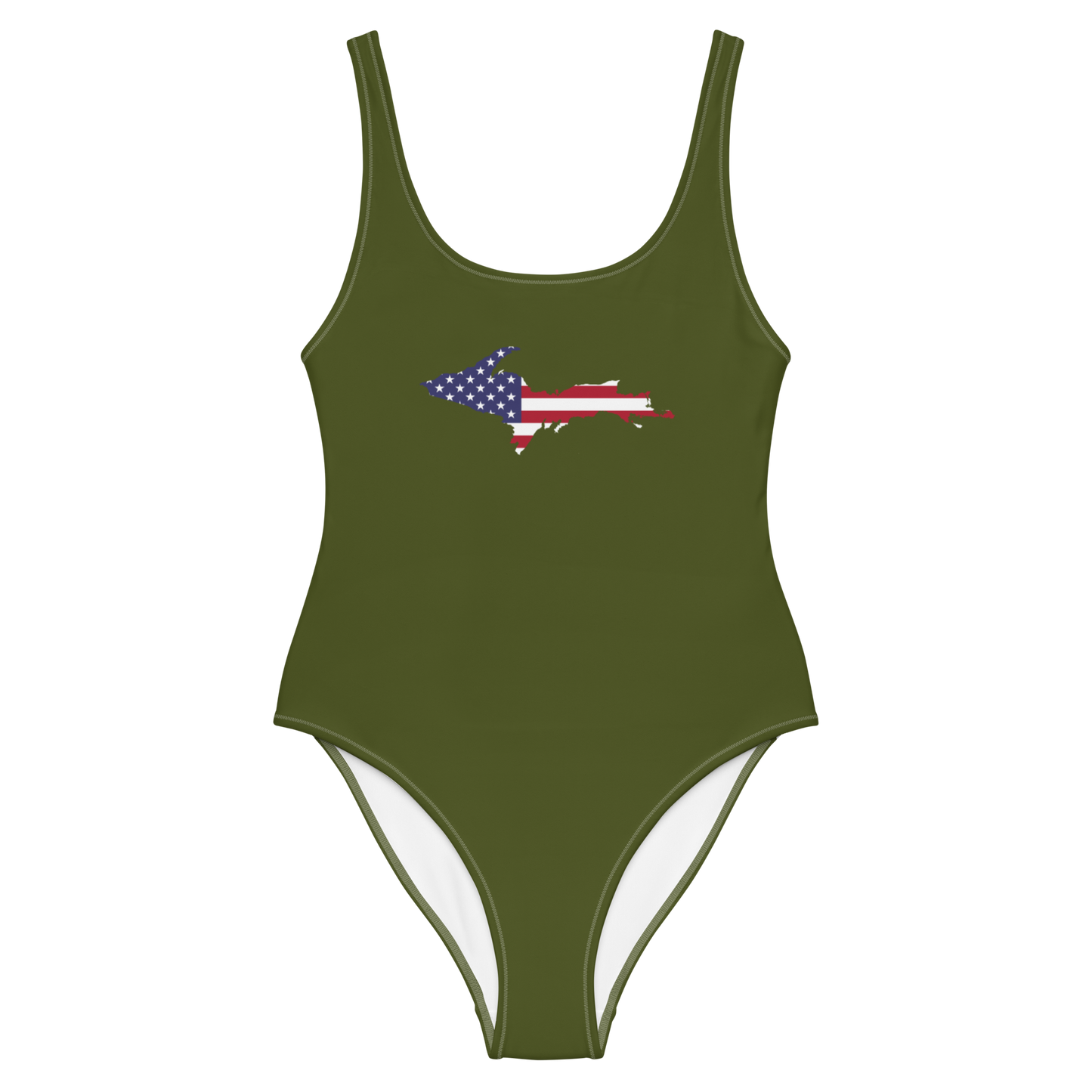 Michigan Upper Peninsula One-Piece Swimsuit (w/ UP USA Flag) | Army Green