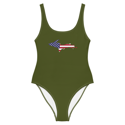 Michigan Upper Peninsula One-Piece Swimsuit (w/ UP USA Flag) | Army Green