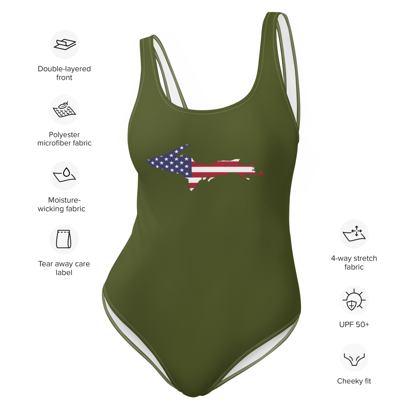 Michigan Upper Peninsula One-Piece Swimsuit (w/ UP USA Flag) | Army Green