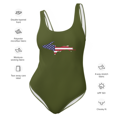 Michigan Upper Peninsula One-Piece Swimsuit (w/ UP USA Flag) | Army Green