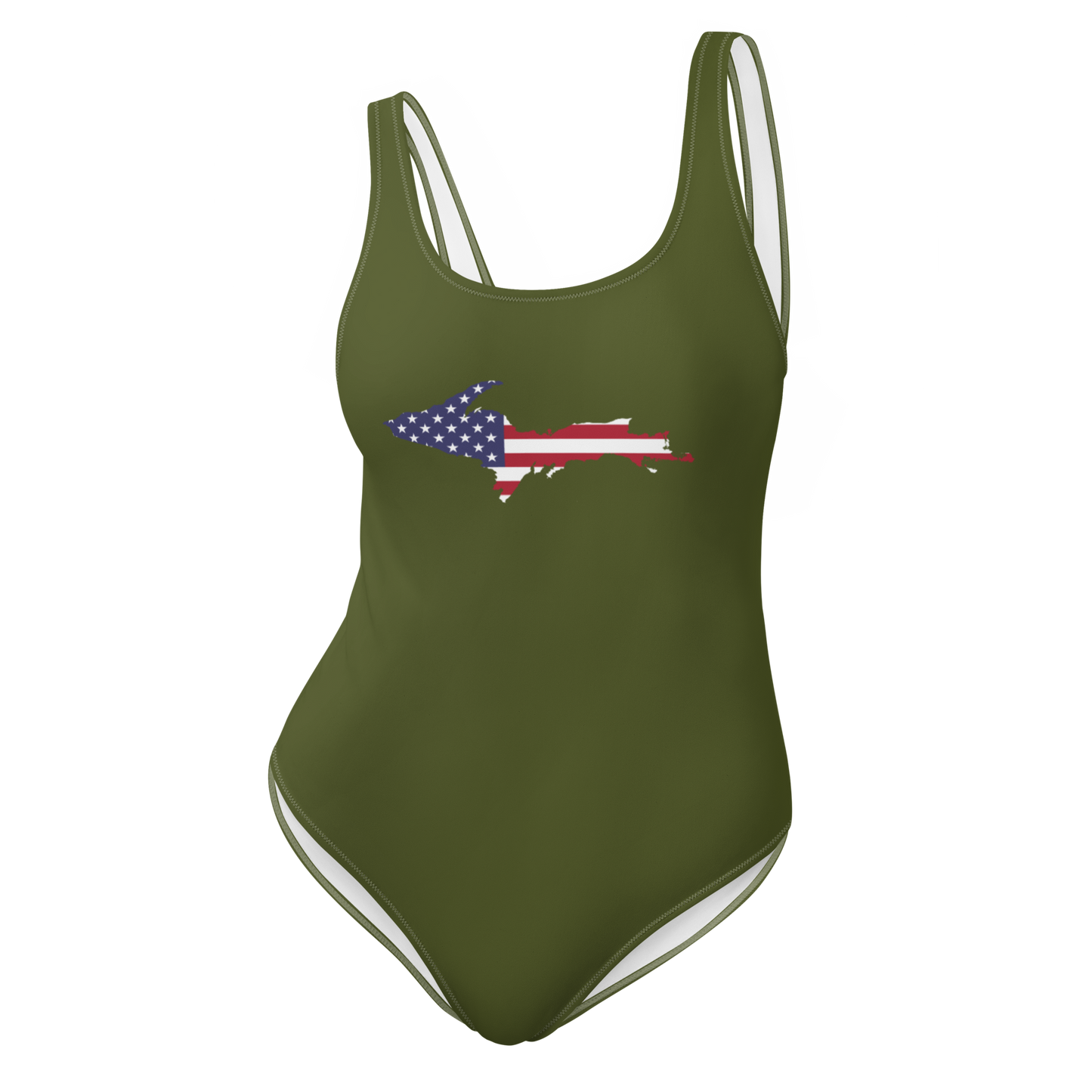 Michigan Upper Peninsula One-Piece Swimsuit (w/ UP USA Flag) | Army Green