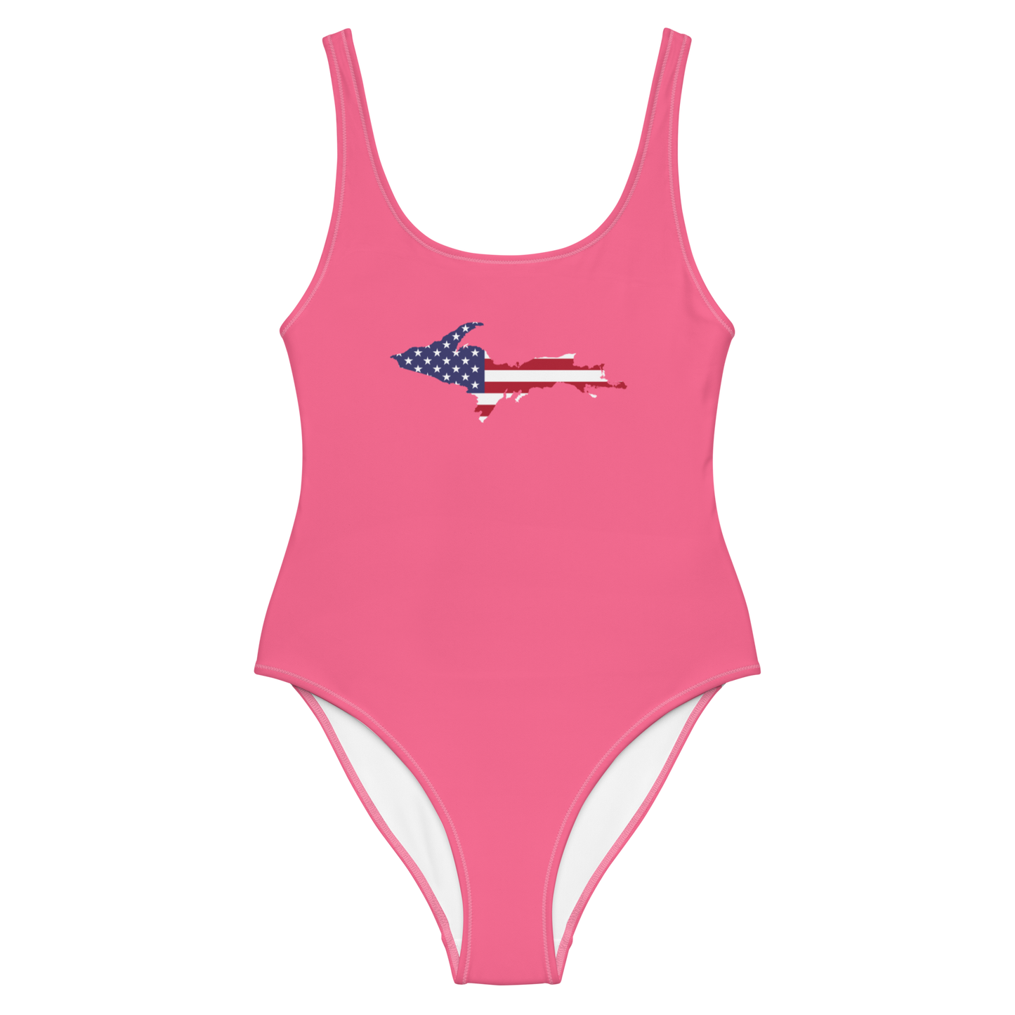 Michigan Upper Peninsula One-Piece Swimsuit (w/ UP USA Flag) | Rhodochrosite Pink