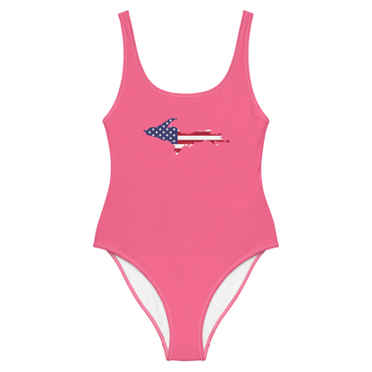 Michigan Upper Peninsula One-Piece Swimsuit (w/ UP USA Flag) | Rhodochrosite Pink