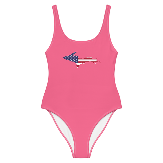 Michigan Upper Peninsula One-Piece Swimsuit (w/ UP USA Flag) | Rhodochrosite Pink