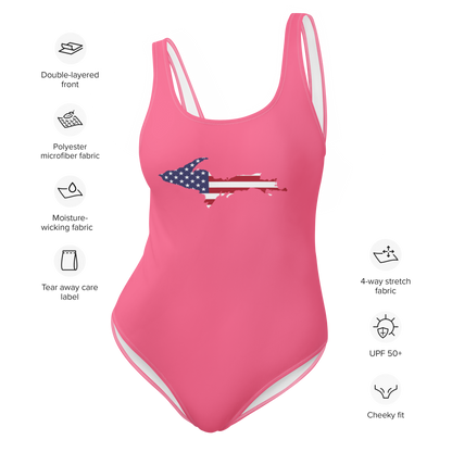 Michigan Upper Peninsula One-Piece Swimsuit (w/ UP USA Flag) | Rhodochrosite Pink