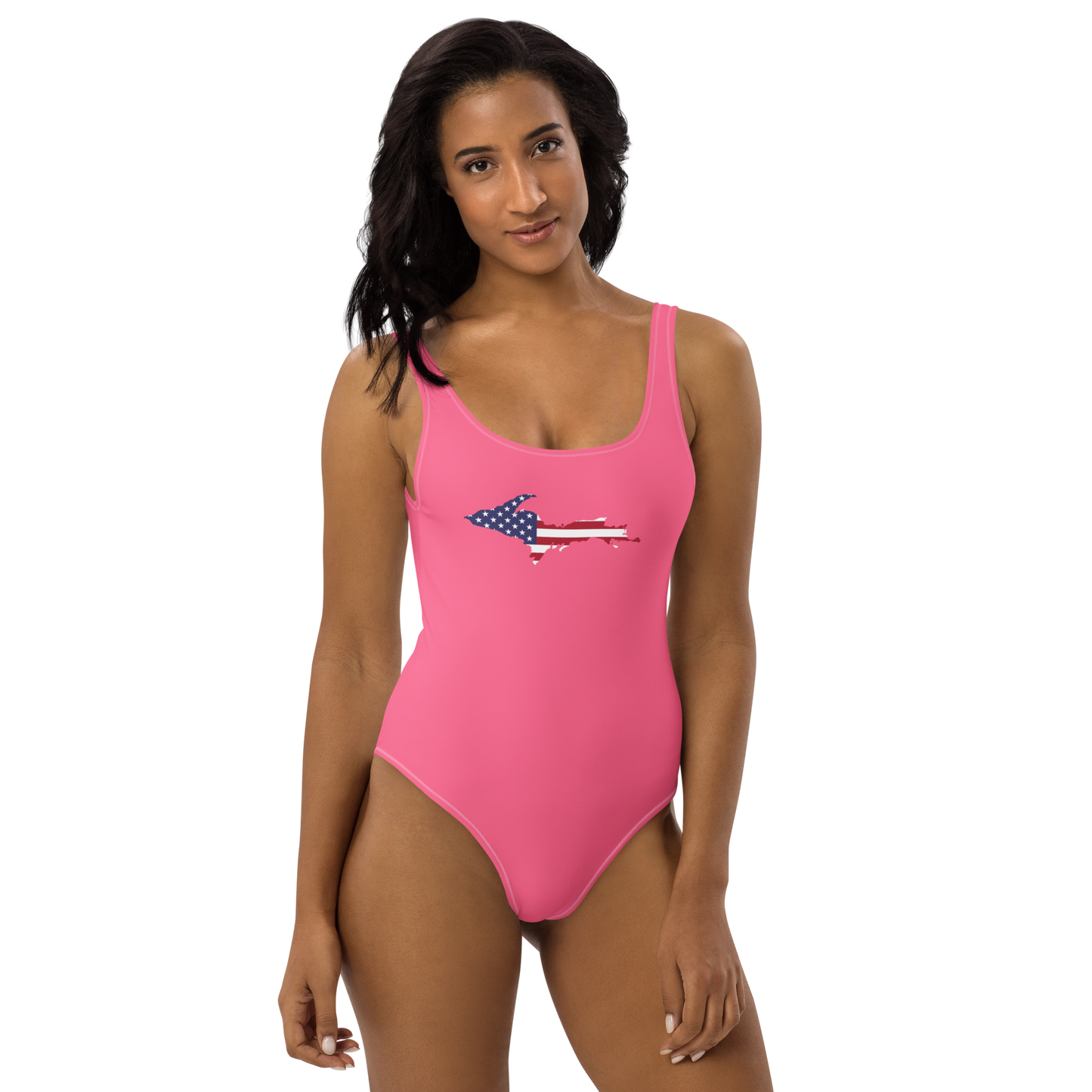 Michigan Upper Peninsula One-Piece Swimsuit (w/ UP USA Flag) | Rhodochrosite Pink