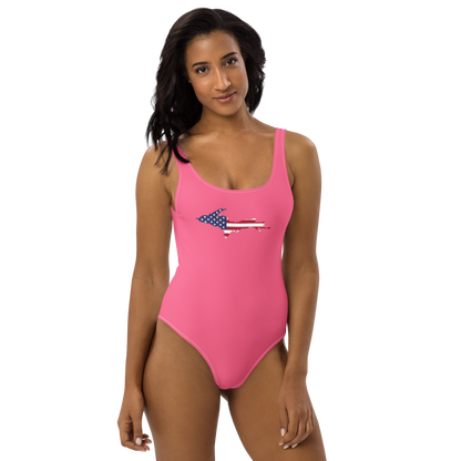 Michigan Upper Peninsula One-Piece Swimsuit (w/ UP USA Flag) | Rhodochrosite Pink