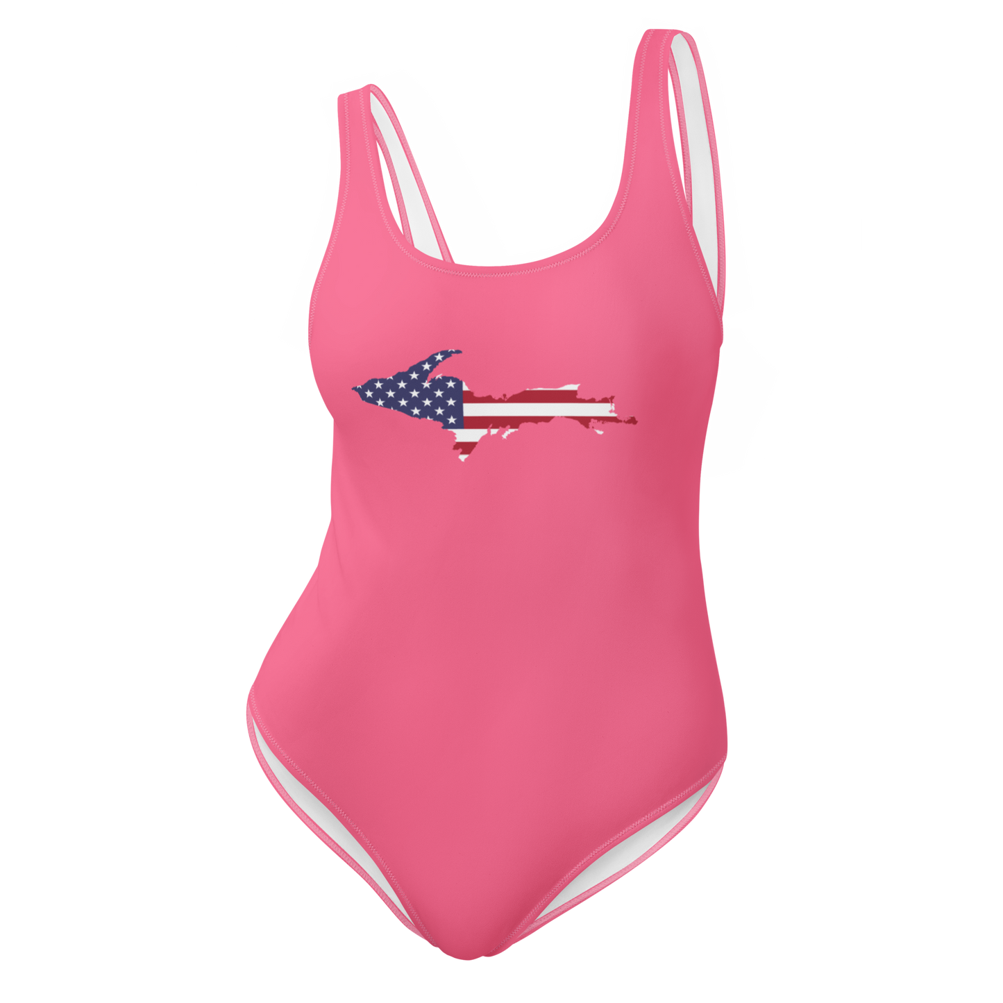 Michigan Upper Peninsula One-Piece Swimsuit (w/ UP USA Flag) | Rhodochrosite Pink