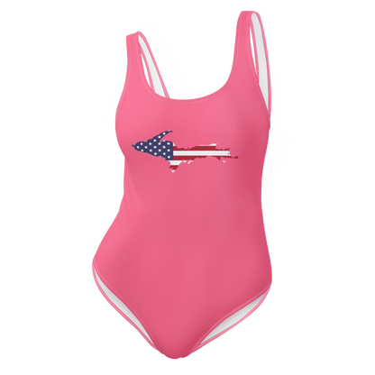 Michigan Upper Peninsula One-Piece Swimsuit (w/ UP USA Flag) | Rhodochrosite Pink