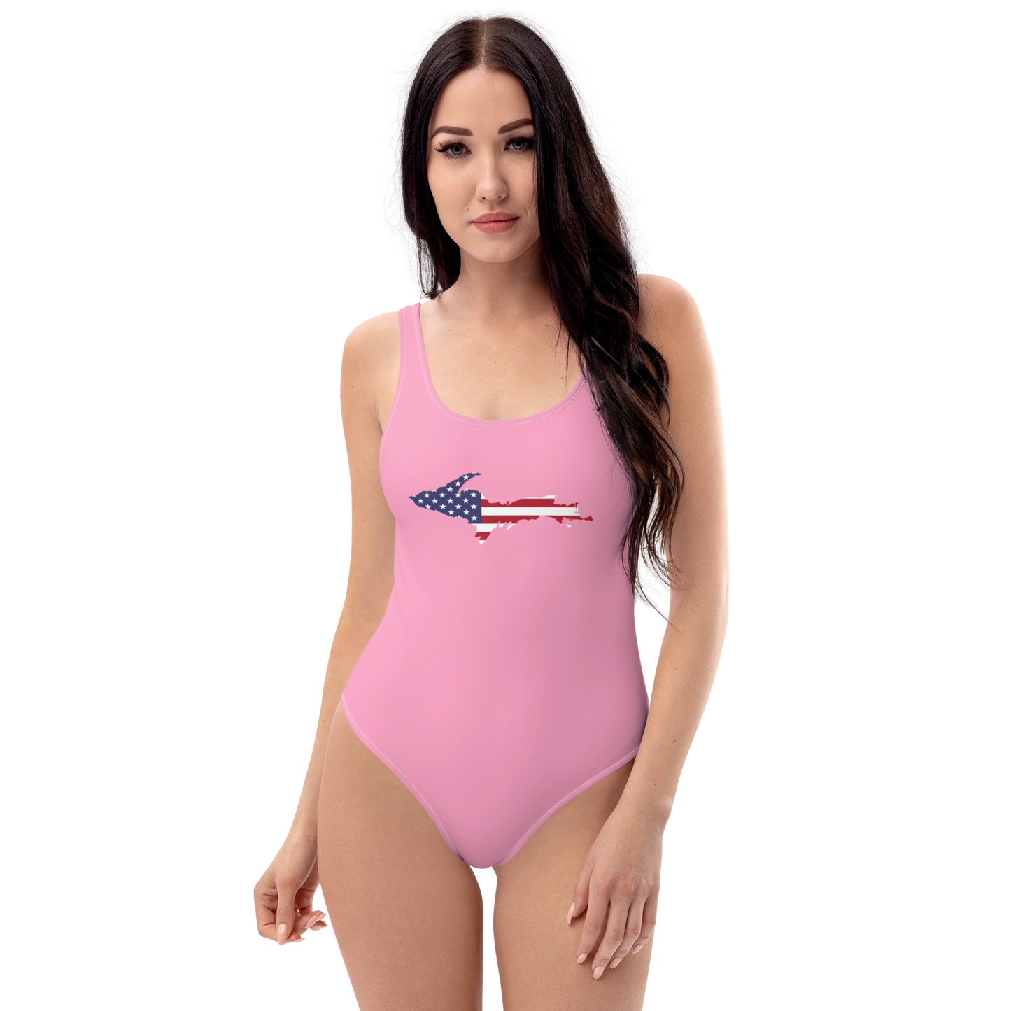 Michigan Upper Peninsula One-Piece Swimsuit (w/ UP USA Flag) | '67 Caddie Pink