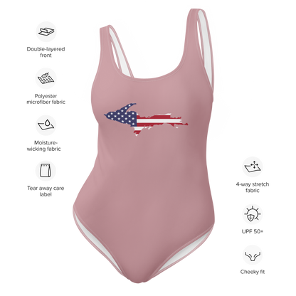 Michigan Upper Peninsula One-Piece Swimsuit (w/ UP USA Flag) | Cherry Blossom Pink