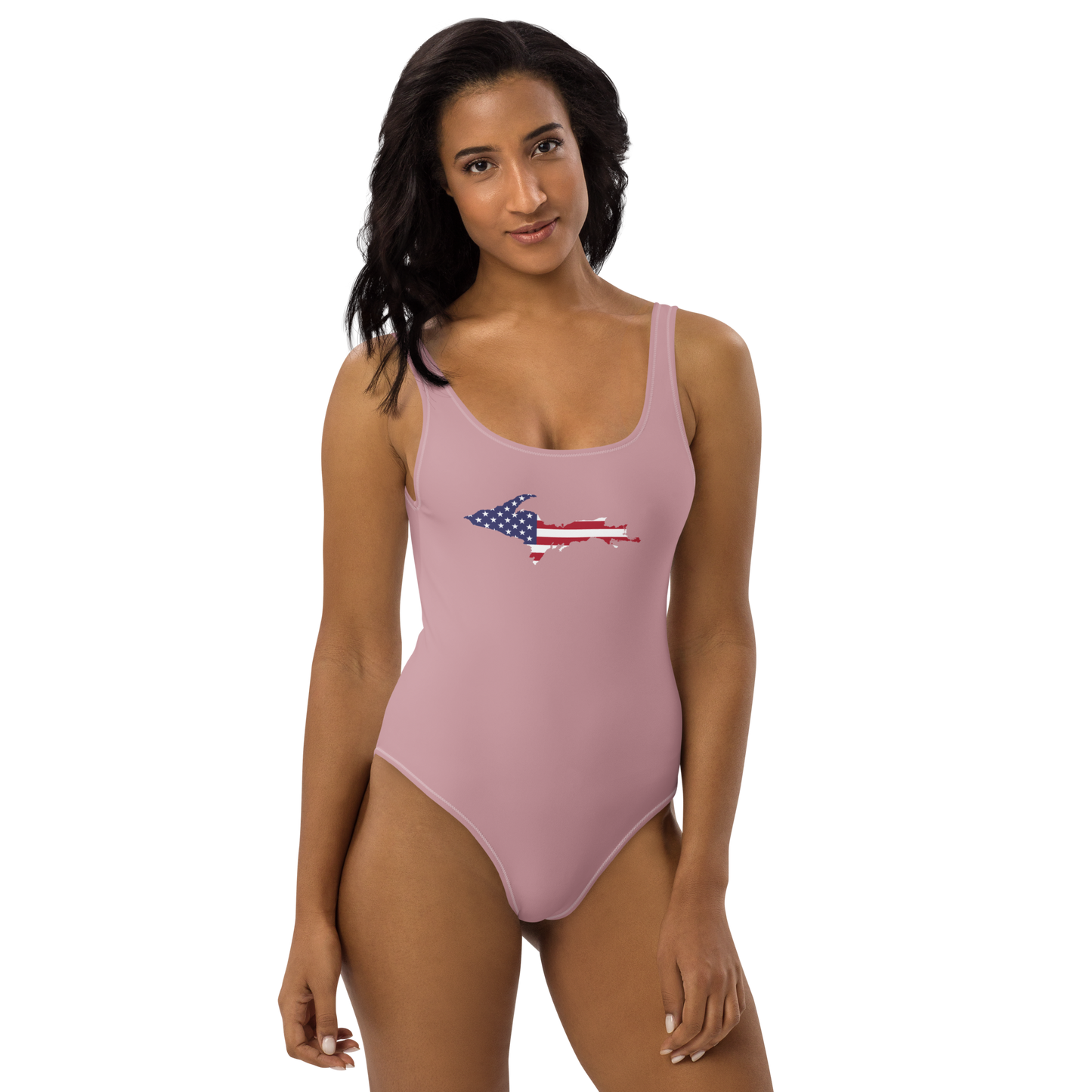 Michigan Upper Peninsula One-Piece Swimsuit (w/ UP USA Flag) | Cherry Blossom Pink