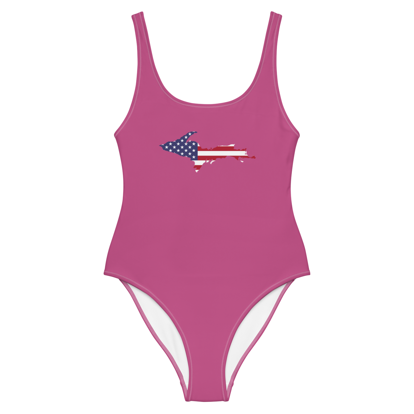 Michigan Upper Peninsula One-Piece Swimsuit (w/ UP USA Flag) | Apple Blossom Pink