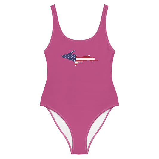 Michigan Upper Peninsula One-Piece Swimsuit (w/ UP USA Flag) | Apple Blossom Pink