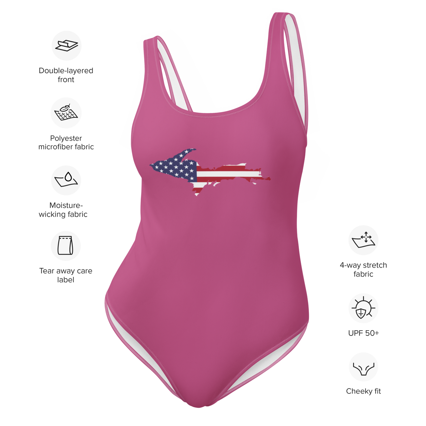 Michigan Upper Peninsula One-Piece Swimsuit (w/ UP USA Flag) | Apple Blossom Pink