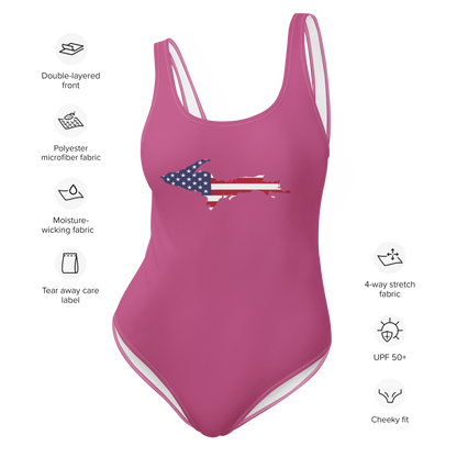 Michigan Upper Peninsula One-Piece Swimsuit (w/ UP USA Flag) | Apple Blossom Pink