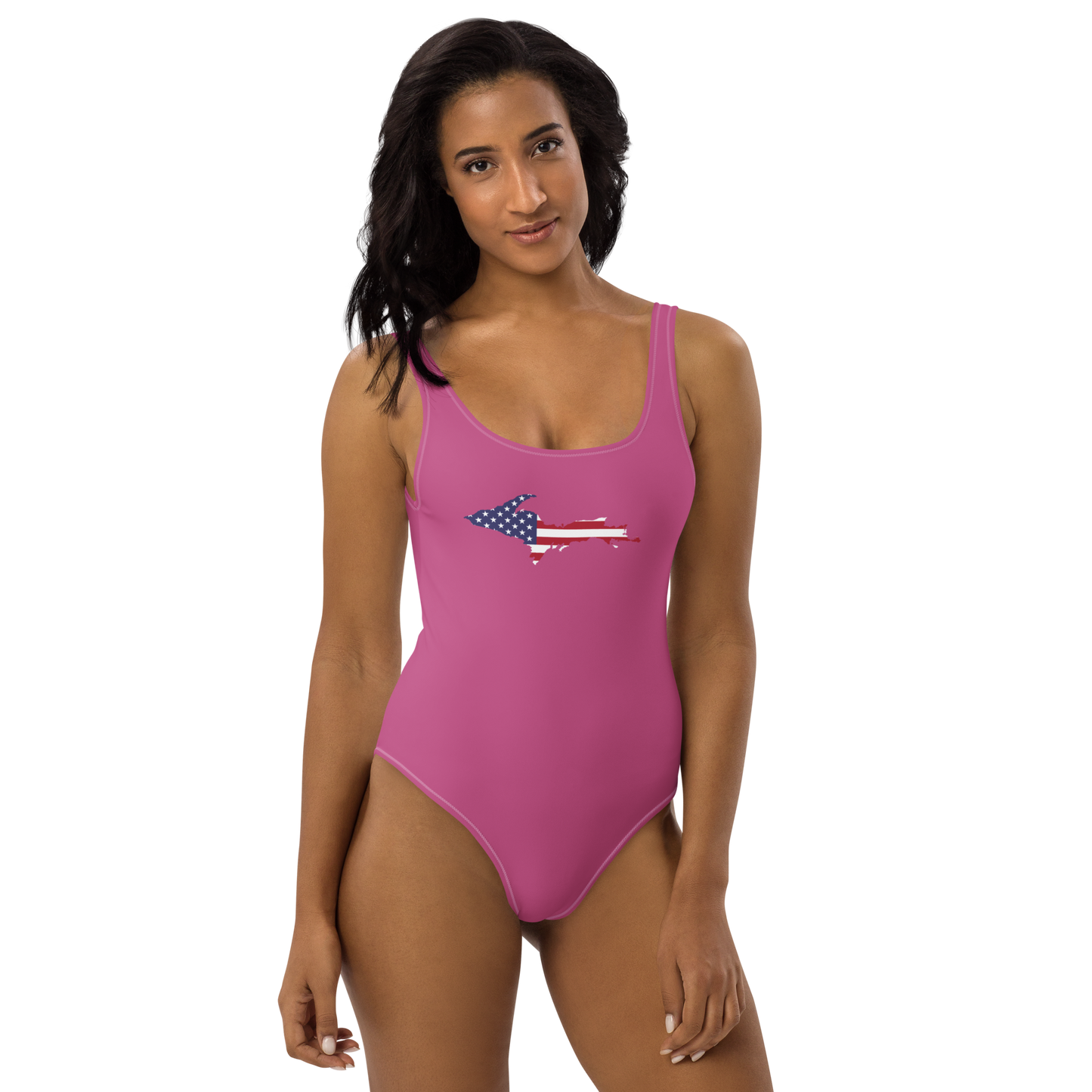 Michigan Upper Peninsula One-Piece Swimsuit (w/ UP USA Flag) | Apple Blossom Pink