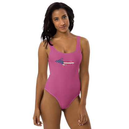 Michigan Upper Peninsula One-Piece Swimsuit (w/ UP USA Flag) | Apple Blossom Pink