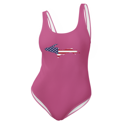 Michigan Upper Peninsula One-Piece Swimsuit (w/ UP USA Flag) | Apple Blossom Pink