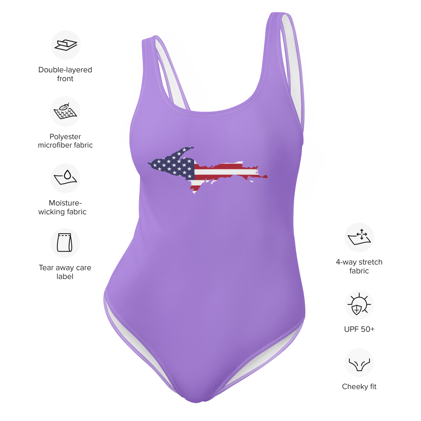 Michigan Upper Peninsula One-Piece Swimsuit (w/ UP USA Flag) | Lavender