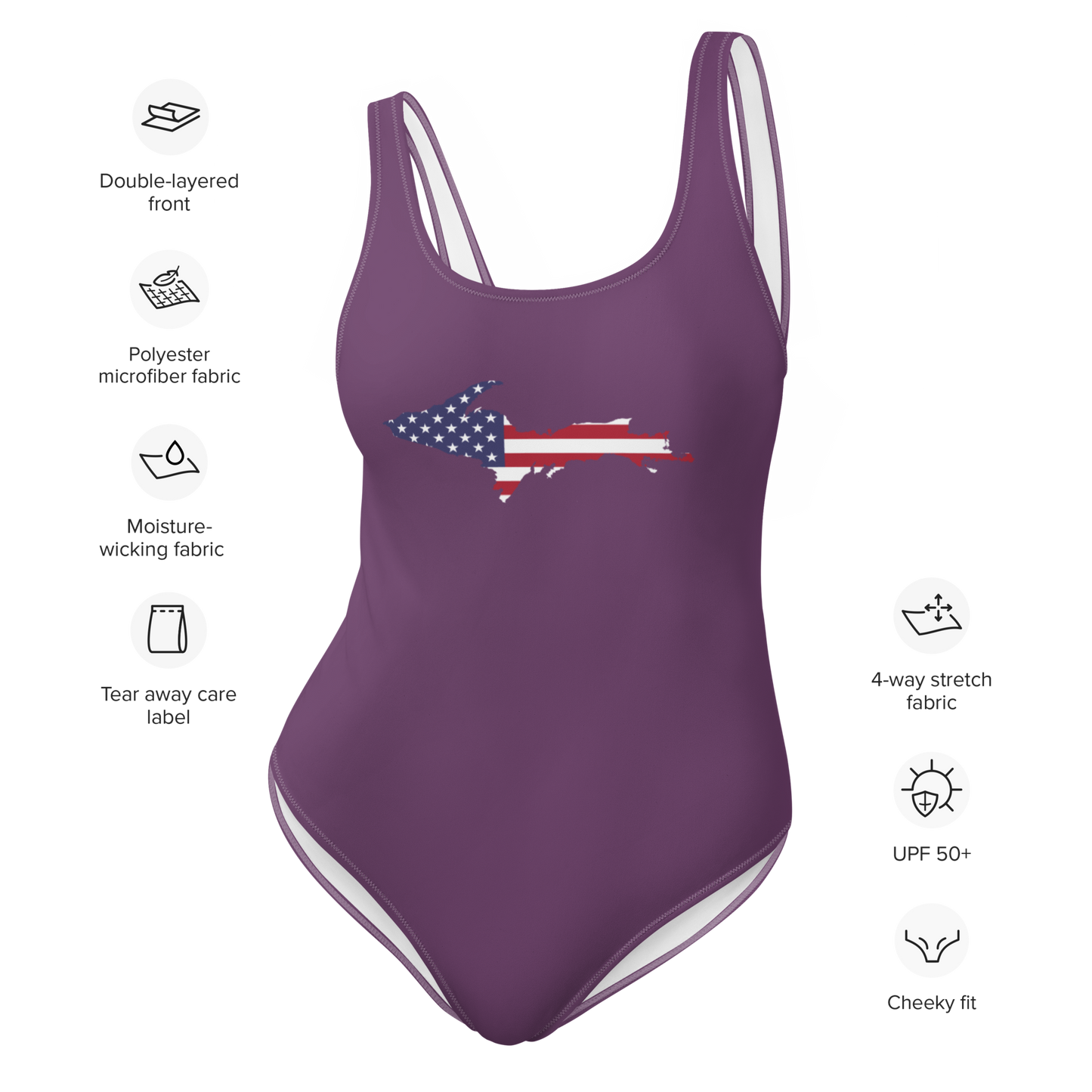 Michigan Upper Peninsula One-Piece Swimsuit (w/ UP USA Flag) | Plum