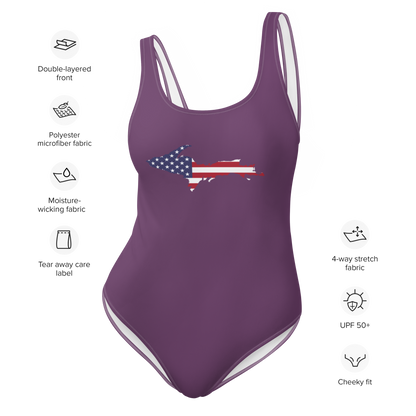 Michigan Upper Peninsula One-Piece Swimsuit (w/ UP USA Flag) | Plum