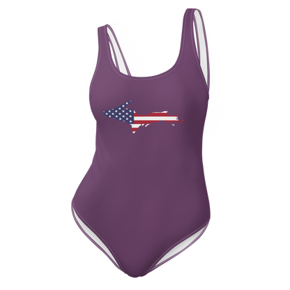 Michigan Upper Peninsula One-Piece Swimsuit (w/ UP USA Flag) | Plum