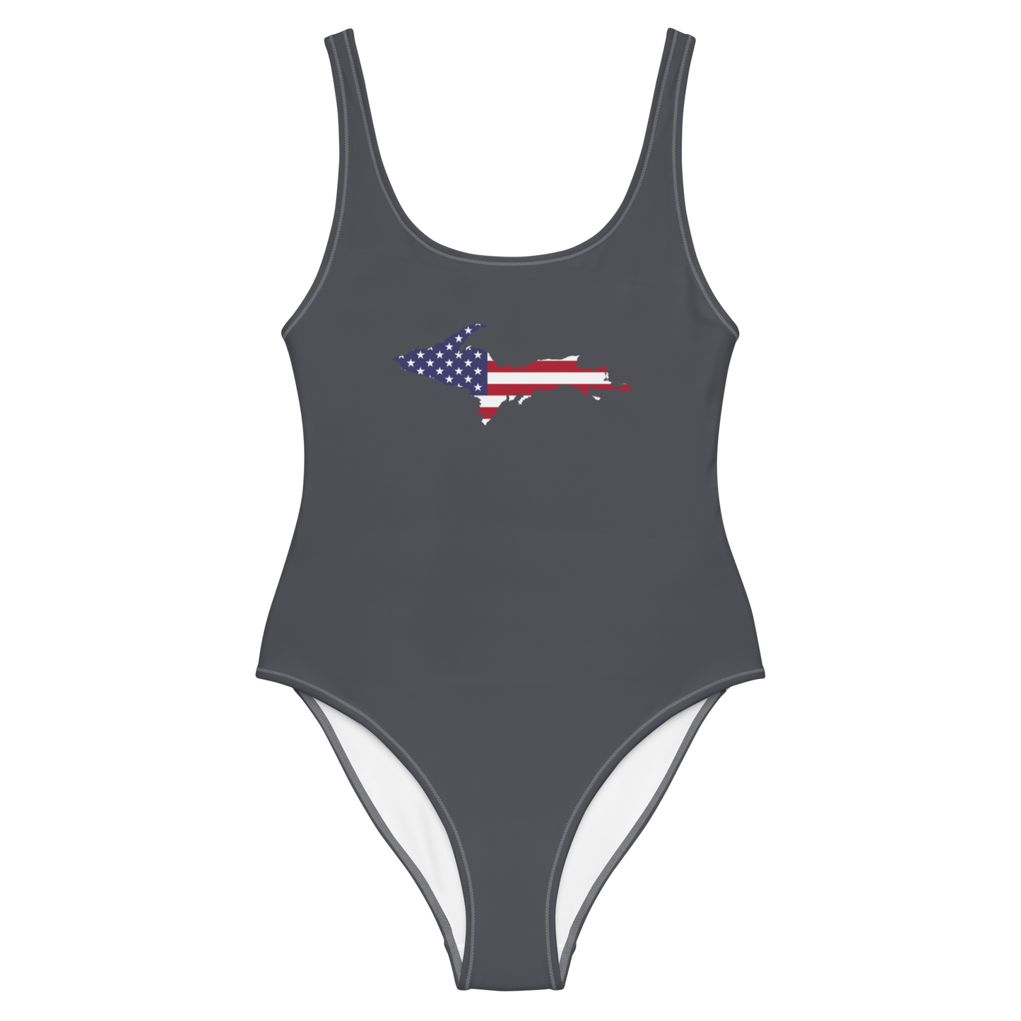 Michigan Upper Peninsula One-Piece Swimsuit (w/ UP USA Flag) | Iron Ore Grey