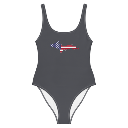 Michigan Upper Peninsula One-Piece Swimsuit (w/ UP USA Flag) | Iron Ore Grey